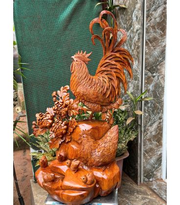 Tượng Linh Vật Gà - Gia đình Gà Gỗ Hương Ta Cao 85