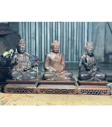 Bộ Tây Phương Tam Thánh Gỗ Trắc Đen Đỏ Cao 31cm