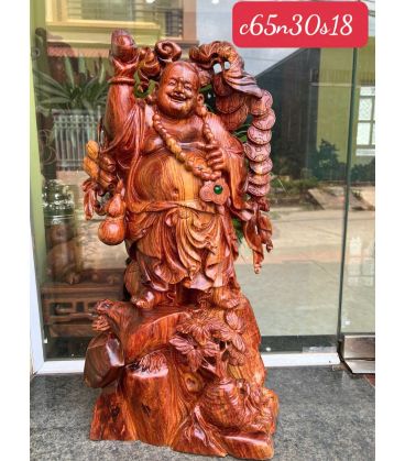 Tượng Di Lặc  Đứng 1 Tay Bê Thỏi Vàng Gỗ Cẩm Lai Cao 65