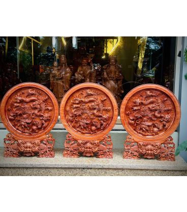 Đĩa Gỗ Tứ Linh Chạm Khắc Tinh Xảo Đường Kính 50cm Gỗ Hương đá