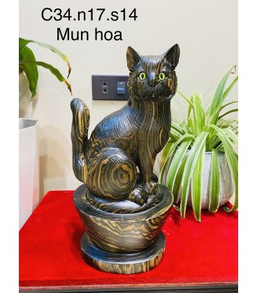 Tượng Linh Vật  Mèo Gỗ Mun Hoa Phong Thuỷ Cao 34cm