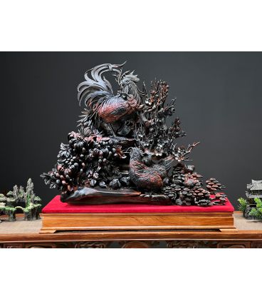 Tượng Gà Bốn Mùa Phú Quý - Gỗ Trắc Việt Đỏ Đen Quý Hiếm Cao 55cm