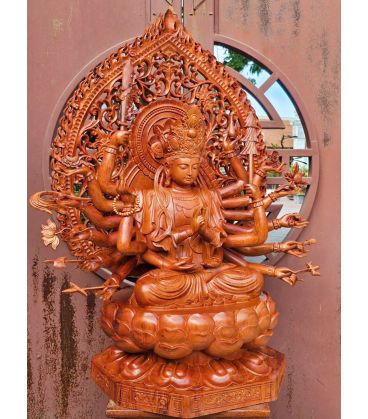 Tượng Phật Chuẩn Đề Mẫu 81 Cánh Tay Có Hào Quang Gỗ Hương Đá - Cao 81cm