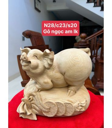 Tượng Heo Nằm Bao Tiền Gỗ Ngọc Am Mộc  Cao 23cm