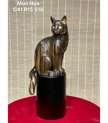 Tượng Linh Vật Con  Mèo Trang Trí Gỗ Mun Hoa Cao 41cm