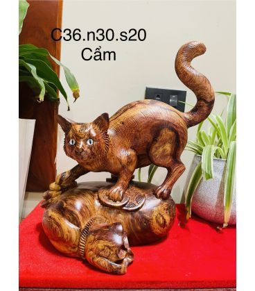 Tượng Con Mèo Gỗ Cẩm Giữa Bao Tiền Cao 36cm
