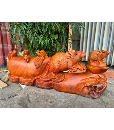 Tượng Linh Vật  Gia Đình Chuột Gỗ Hương Ta - Phong Thủy Ngang 52cm