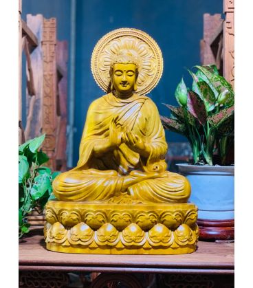 Tượng Phật Thích Ca Ngồi Đài Sen - Gỗ Gõ Vàng Sáng Ngời