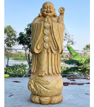 Tượng Phật Di Lặc Chúc Phúc Cầm Gậy Như Ý - Gỗ Cẩm Vàng Cao 1m9