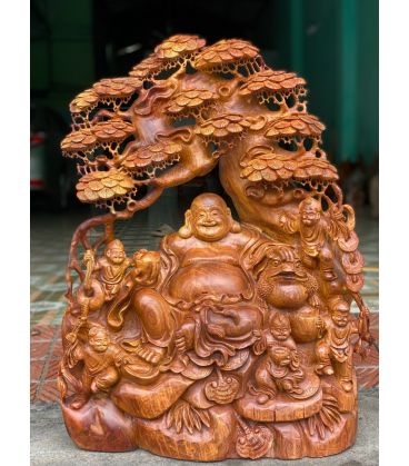 Tượng Di Lặc Ngũ Phúc Ngồi Gốc Tùng Cổ Thụ - Gỗ Hương Gia Lai
