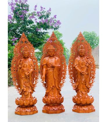 Tượng Phật Tây Phương Tam Thánh Gỗ Hương Cao 70 Có Lá Đề
